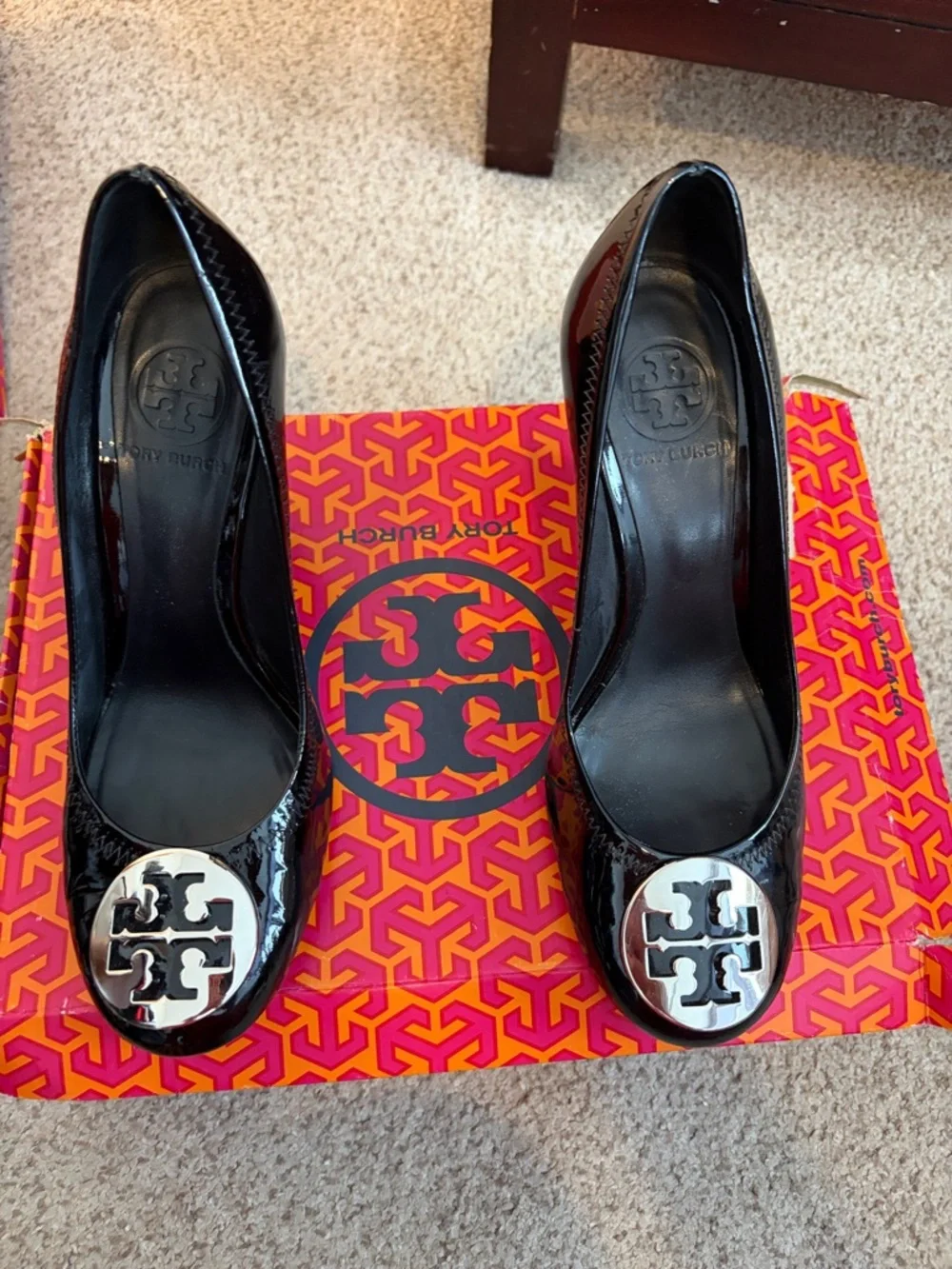 Tory Burch “Sophie” Black Patent Leather wedge heel with silver hardware, 8